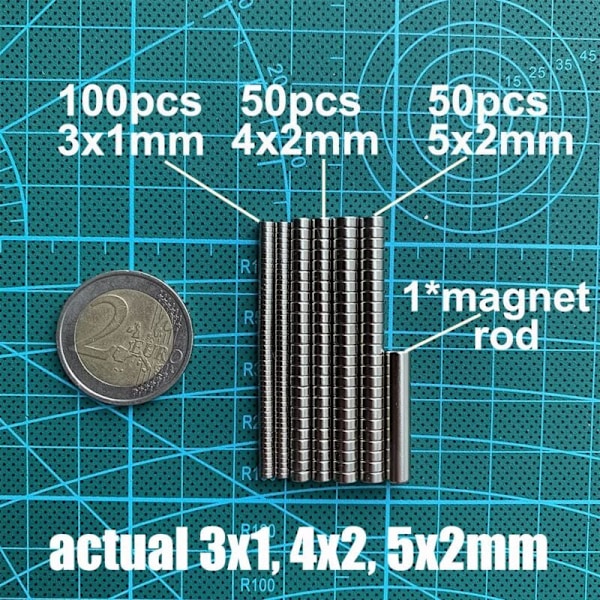 200 Mini Magneter - Små Runde Magneter - 100 stk. 3X1mm, 50 stk. 4x2mm, 50 stk. 5x2mm Neodym Magneter Sjældne Jordarts Magneter