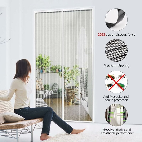 Magnetisk Dørgardin 90x210cm Anti Fluegardin Selvklæbende Strimmel Automatisk Lukning Ultra Finmasket Værktøjsfri Installation Nem for Børn og Kæledyr, Hvid