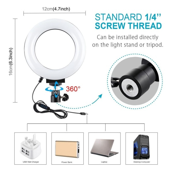 Puluz 4,7\" USB 3-trinns dimbar LED-ring videolys med bordstativ LED-ring Svart og Bordstativ