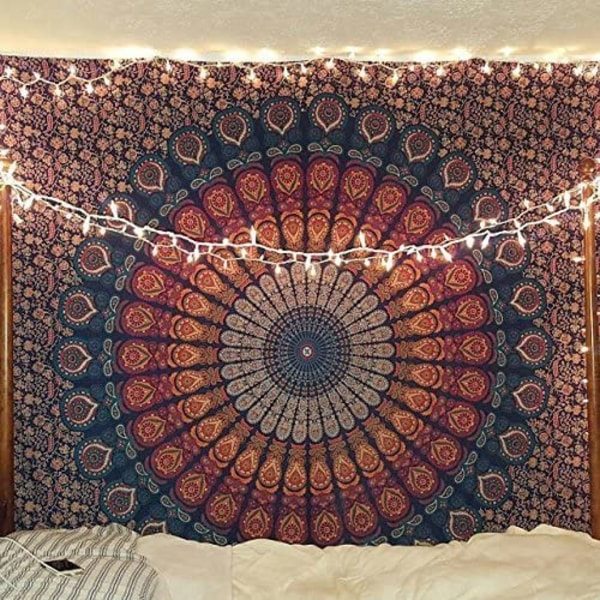Indisk Hippie Bohemian Psykedelisk Gyllenblå Påfågel Mandala Väggbonad Gobeläng (Gyllenblå, Medium (51x59 tum)(130x150 cm)