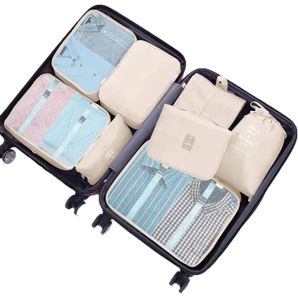 8-pack förpackningskuber, klädväskor, reseorganisator för semester och resor, förpackningskubset reseorganisatorer, organisationssystem för resväskor - beige