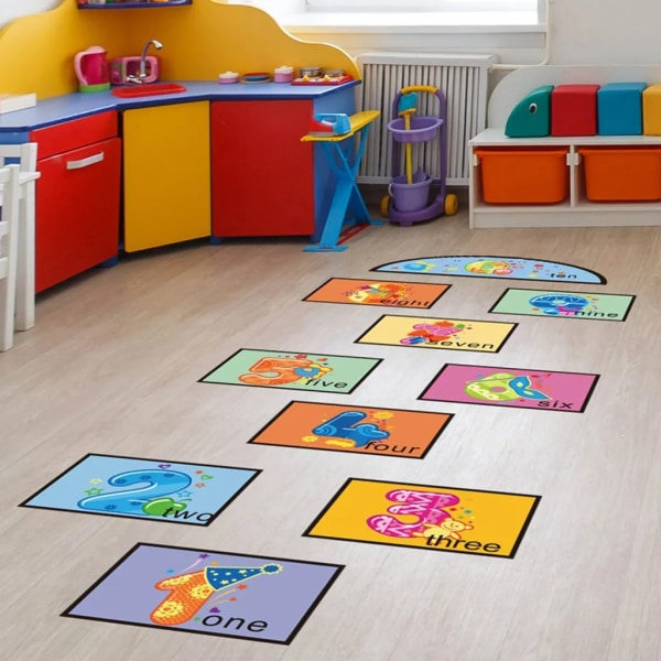1 set Hopscotch Spelgolv Dekaler Tecknade Vattentäta Självhäftande Digitala Hoppruta Lek Golv Dekaler Förskolegolv Dekoration för Barn