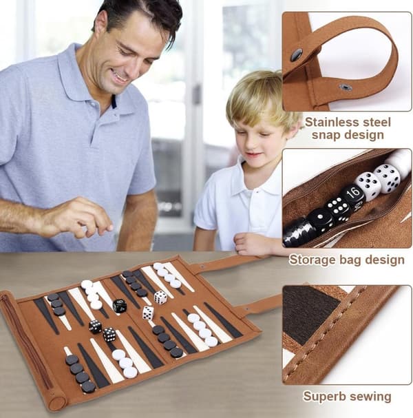 Ihoprullbart Backgammon-set för resor, bärbart och lätt brädspel i konstläder med blixtlåsficka för husbilsresor, barn och vuxna