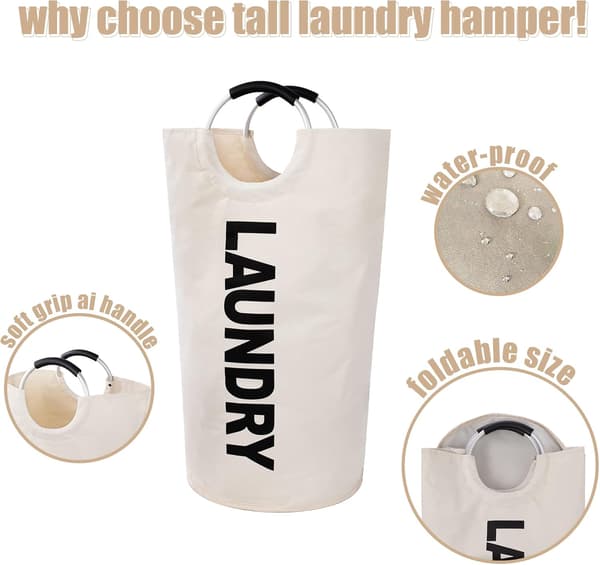 Laundry Basket with Padded Handles, Waterproof Foldable Laundry Hamper, Laundry Basket for Bathroom, Laundry Room, Dorm Room White