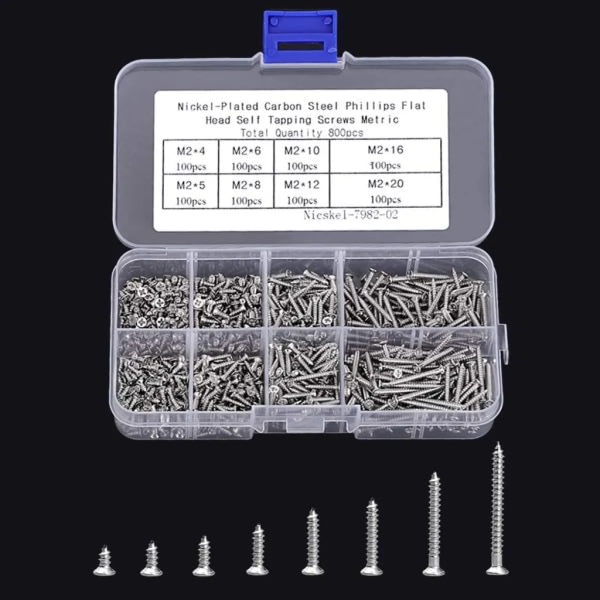 800 stk Små M2 selvskruende skruer Sortiment Senket Phillips treskruer (M2-4mm 5mm 6mm 8mm 10mm 12mm 16mm 20mm)