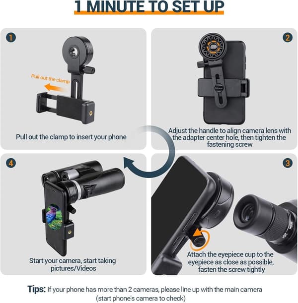 Universal Smartphone Adapter Mount, Justerbar 28-49mm Okularholder til Kikkert, Mikroskoper og Spotting Scopes, Sort