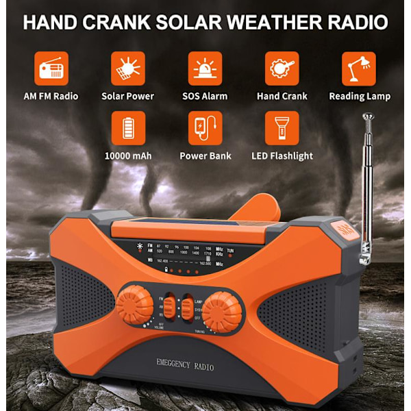 10000mAh Nödradio Multifunktionell Handvevgenerator Solcellslampa Bärbar AM/FM/NOAA Väderradio med Mobiltelefonladdare Ficklampa Orange