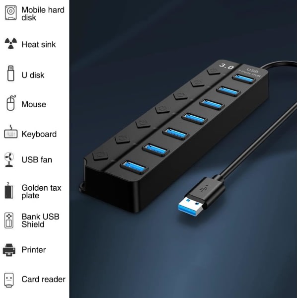 Galaxy USB-hub 3.0 med strøm, 7-ports splitter, med strøm og enkel på/av-bryter