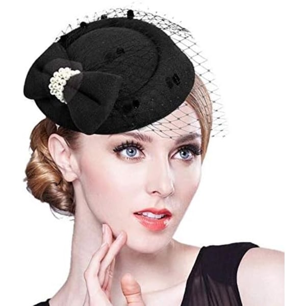 Fascinatorhatt för kvinnor, pärlbågestil Cocktailparty Pillbox-hatt med slöja-hårklämmor (svart)
