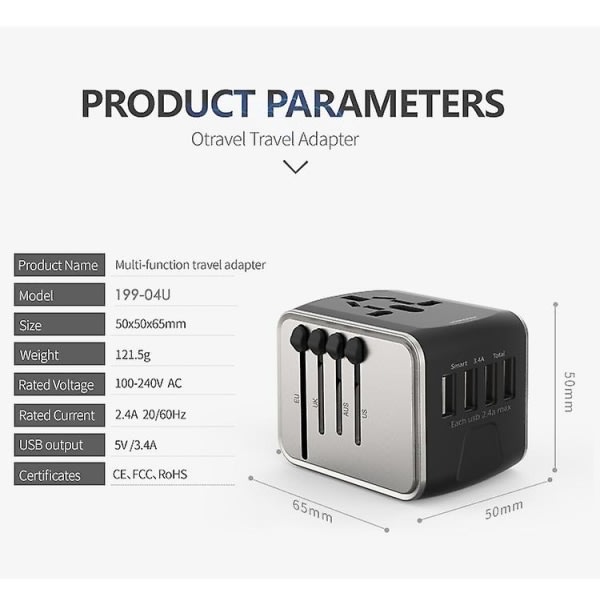 Reiseadapter med USB-lader, 4 USB-porter