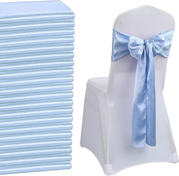 50 Blå Satin Stolslyckor med Elastiska Rosetter för Bröllop, Festdekoration blå