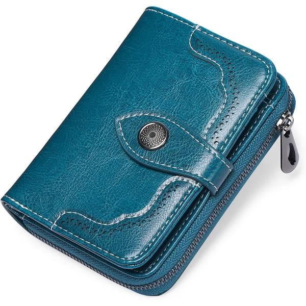 Liten bifold-plånbok i läder för kvinnor med RFID-blockering (blå)
