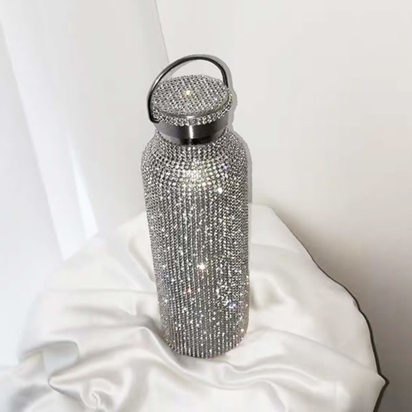 Diamond vattenflaska, rostfritt stål isolerad vattenflaska, glitter vattenflaskor Påfyllningsbara vattenflaskor för kvinnor Silver (700ml)