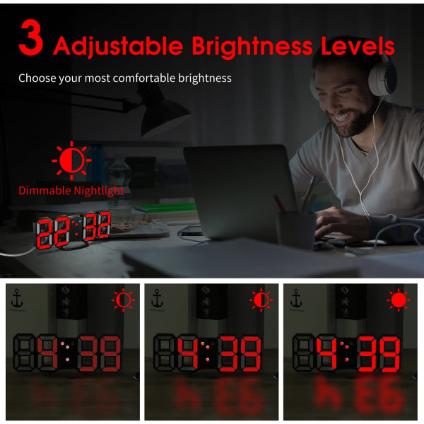 3D LED digital vekkerklokke, veggklokke, 3D LED vekkerklokke, rød