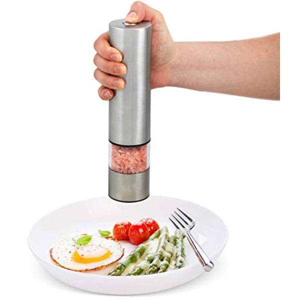 Salt- eller pepperkvern - Batteridrevet sett Elektrisk pepperkvern - Rustfritt stål svart pepperkvern & Himalaya rosa saltshaker med LED-lys