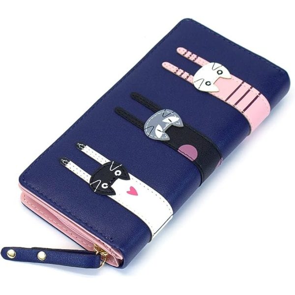Mini konstläder-Lång Bifold-Plånbok 3 Katter-Dragkedja Clutch-