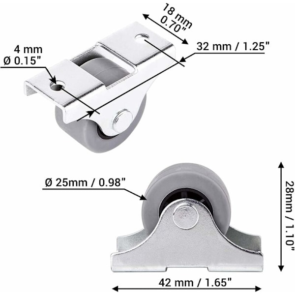 Förpackning med 12 små 25 mm möbelhjul i gummi, ej svängbara, plastfria, för apparater och utrustning