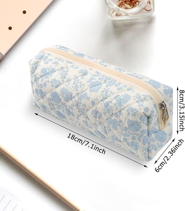 Blomstret Penalhus Organizer Mykt Stoff Flerbruksveske for Studenter Reise og Daglig Oppbevaring Blå 19x8x6cm