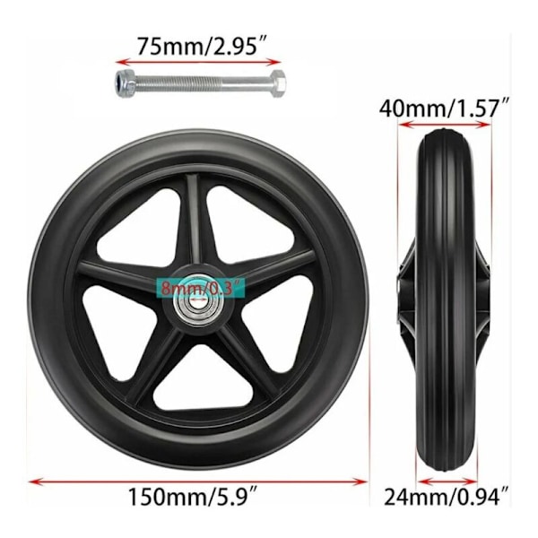 2 kpl 14-15 cm kumisia varaosia pyörätuoliin, rollaattoriin, kävelykeppiin, liukumattomat varaosapyörät, yleiskäyttöiset pyörätuolin pyörät, musta