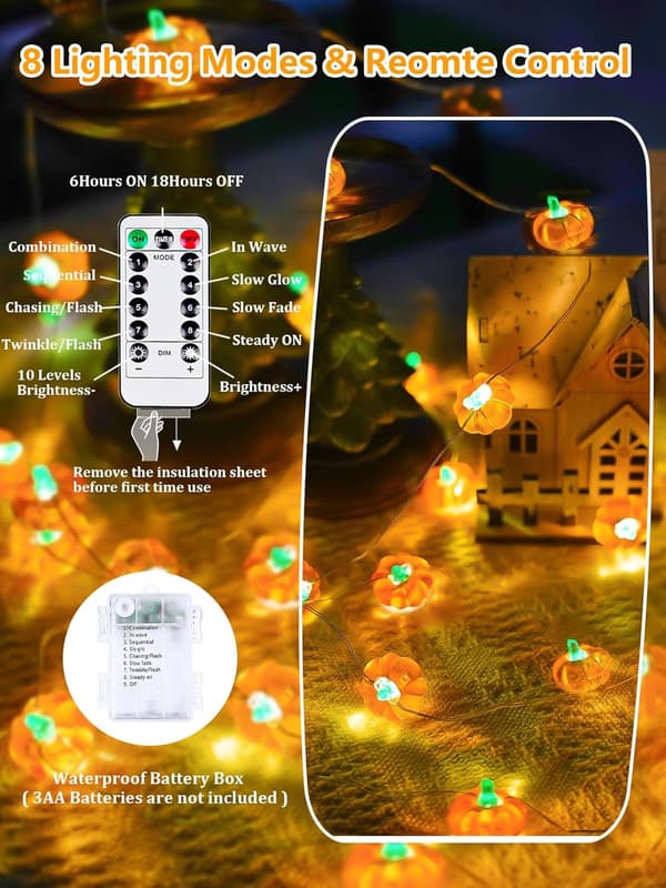 Halloween Decorations 3D Pumpkin String Lights Battery Operated with Remote Control, 3m Autumn Orange String Lights for Halloween Decorations