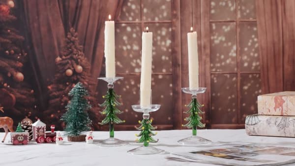 3-delad ljusstake i glas, julgransbordsdekoration för julfester och middagar, grön