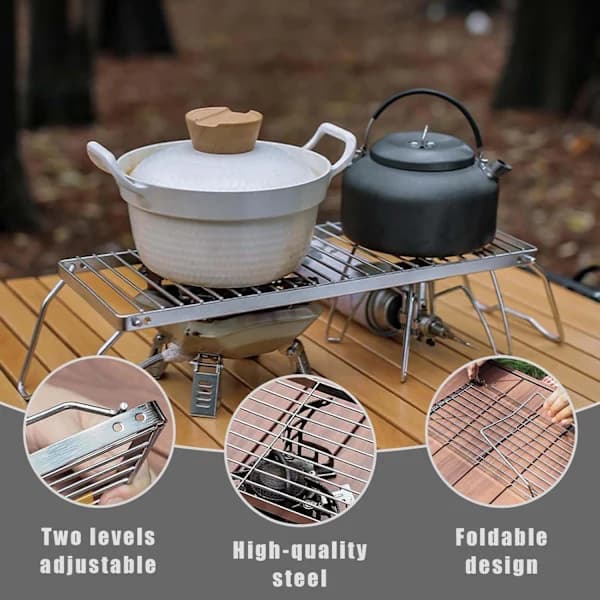 Vikbar campinggrill i rostfritt stål med justerbart galler för camping, picknick, inomhusgrillning 30 x 16 cm