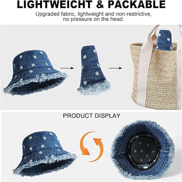 Denim bøllehat til kvinder, UPF 50+ solbeskyttelse, foldbar bomuld, tusindfryd broderi, strandrejsehat, blå, 56-58 cm