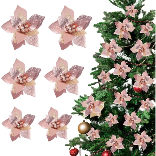24 stycken julstjärna blommor Glitter konstgjorda julblommor