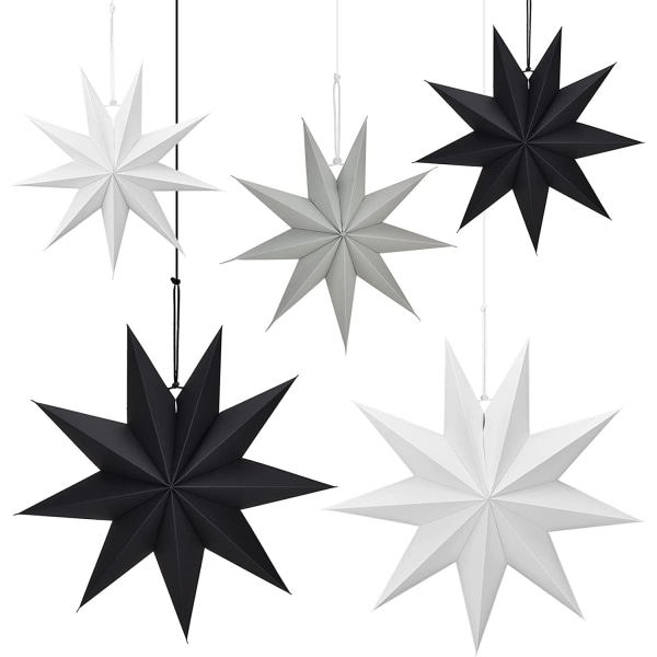 Foldbare stjerner 30 cm 9-punkts julesternesett for juletreet - Hvit Grå Svart 3-delt Y