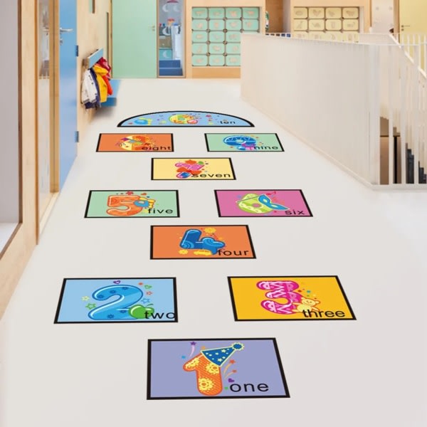 1 set Hopscotch Play Floor Stickers Tecknad vattentät självhäftande Digital Jumping Grid Lek Golvpastor Förskolegolvdekoration för barn