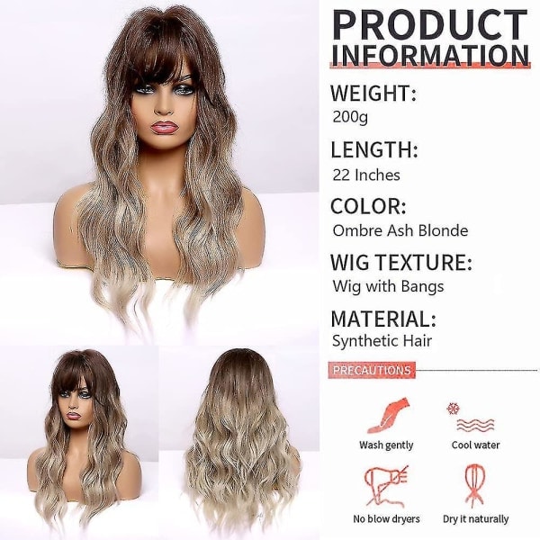TG Askblond-peruukki otsatukalla Pitkät aaltomaiset peruukit naisille Ombre Askblond-peruukki otsatukalla Synteettiset peruukit Lo