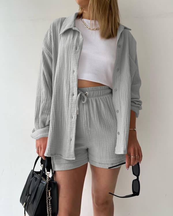 Dam Crinkle Krage Långärmad Skjorta Hög Midja Dragsko Shorts Mode Avslappnad Tvådelad Set Grå XL—yux