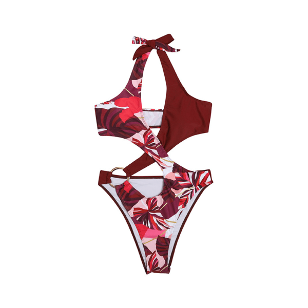 Kvinners Rød En-delt Badetøy Bikini Halsrem Midje Hult Blomst Trykk S
