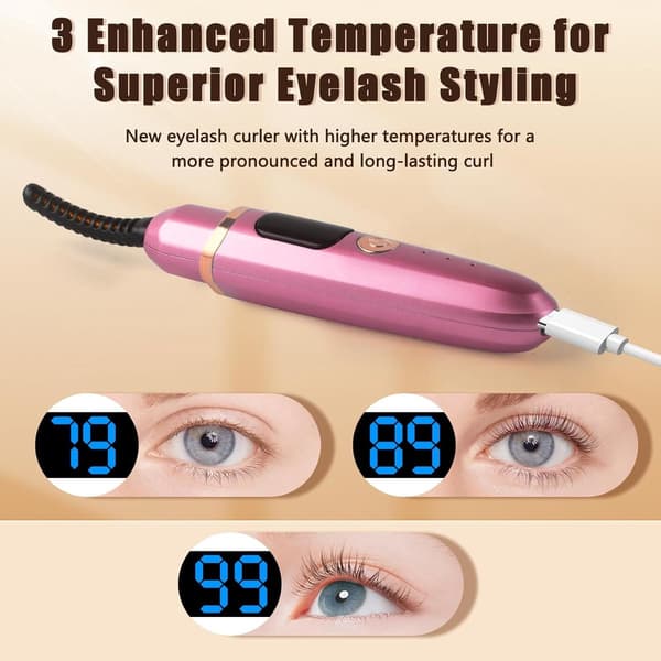 Opvarmet øjenvippebukker, 3 temperaturindstillinger, LED-display, USB-C genopladelig, hurtig opvarmning, til kvinder, pink