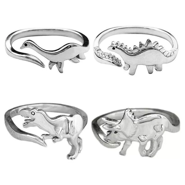 Dinosaurie ringar, 4 st søda dinosaurie justerbara ringar, dinosaurie smycken, djursmycken, jura alder dinosaurie ringar for kvinder tonårsflickor