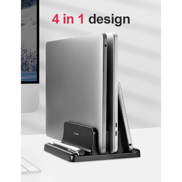 1 pc Vertical Laptop Stand, Double Adjustable 2 Slots Upright Laptop Storage Holder for Desk Stand Space-Saving - Black