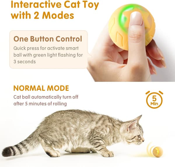 Interactive Cat Toy Ball, Automatic Rolling Cat Toys for Indoor Cat Kitten, with 2 Modes, LED Lights Replaceable, Rechargeable, Yellow