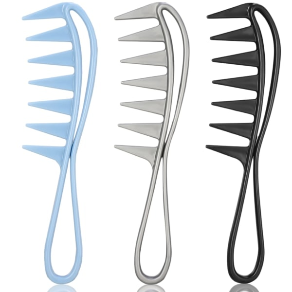 3 st Bredtandade Hajkammar, Salong Stora Tänder Hajkammar Lockigt Frisör Salon Barber Kam, Afro Kam Curl Kam Frisyr Kam (Svart+Grå+Blå)