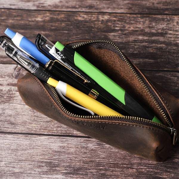 Handgjord pennfodral i äkta läder Kohud Zipper Pouch Penna för Case Box Statio