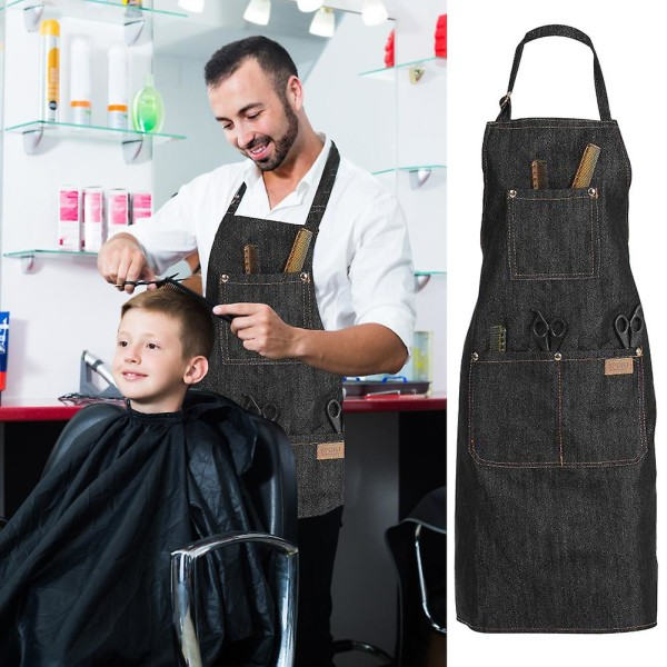 TG Justerbar Salong Hårklippning Frisør Barber Denim Forkle Svart