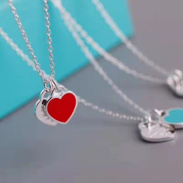 Klassiskt Tiffany halsband med dubbelt hjärta, blått silver 925 hänge