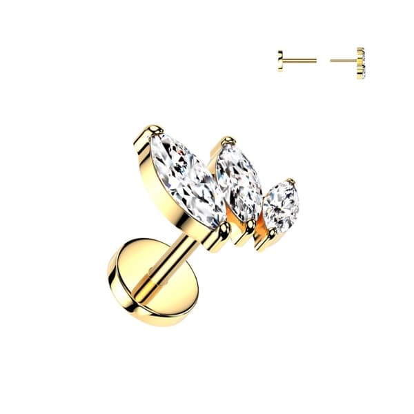 Push In Labret Piercing 16G ASTM F136 Titanium Marquise CZ Brusk Ørering Guld Flad Bagside Stud til Helix Tragus, 6mm