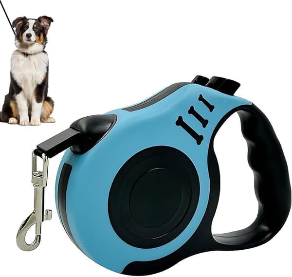 Infällbart hundkoppel, 5 meter flätat nylonband, progressivt bromssystem, för hundar upp till 15 kg, stad- och parkpromenader, blå