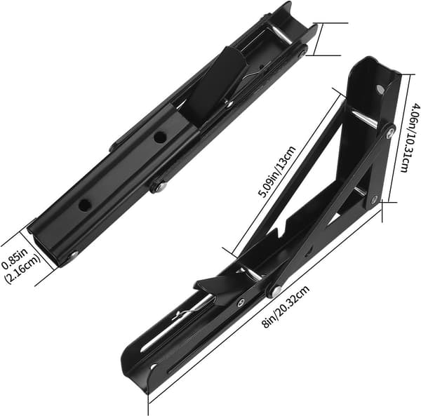 Fällbara hyllkonsoler 8 tum, 2-pack kraftiga svarta triangulära väggmonterade L-konsoler för arbetsbänk, båt, husbil, kök