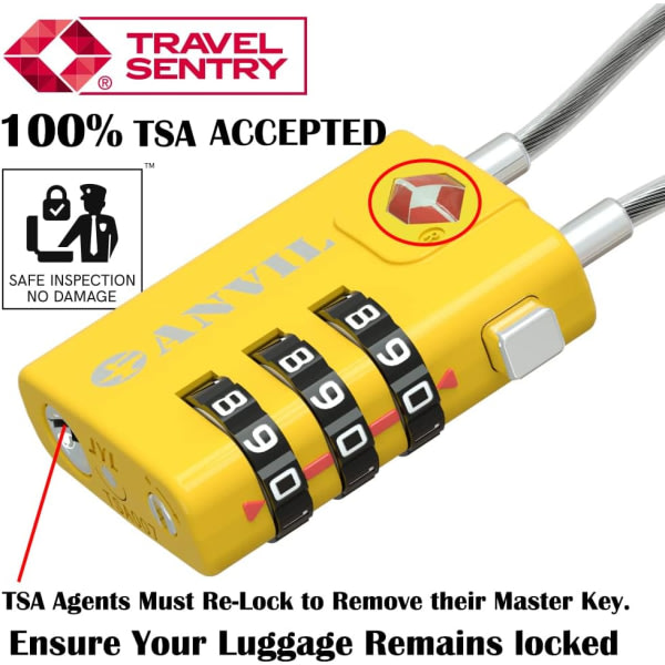 TSA-godkendt kabelbagagelås - 3-siffrigt kombinationslås med zinklegeringsstålkabel - perfekt for resor blå