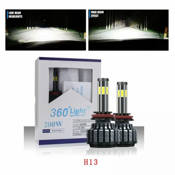 360° 6-sidig H13/9008 LED-lyskaster Høy/Lavstråle 200W 20000LM 6000K