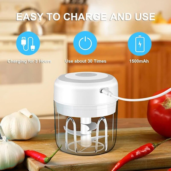 Trådløs Elektrisk Madhakker, Mini Foodprocessor, 250 ml, Let at Rengøre og Udskifte, Holdbar Elektrisk Blender til Grøntsager og Frugter
