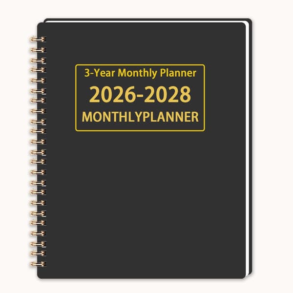 3-årig månedsplanlægger 2026-2028, 36-måneders kalender med spiralindbinding til skole, kontor, arbejde og hjem, sort