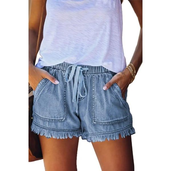 Damshorts i bomull och linne med elastiskt band - Hot Pants, Sommarvida shorts, Storlek S