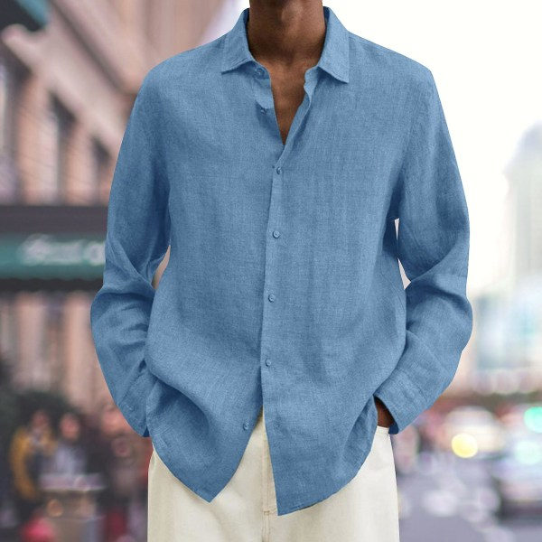 Miesten pitkähihainen puuvilla-pellavapusero Casual Solid Baggy Topit napilla Lake Blue XL